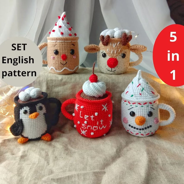 Christmas Crochet Amigurumi pattern Set 5 in 1 Mugs