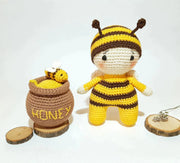 cute crochet Gnome Bee, Doll in a bee costume, honey pot.